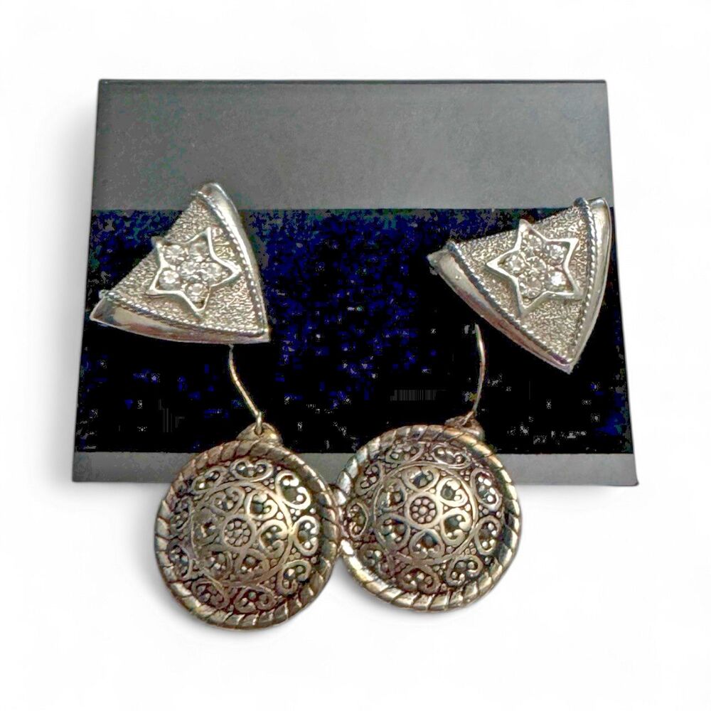 Lot of 2 Pairs of Silver Tone Earrings – Star Studs + Filigree Dangles